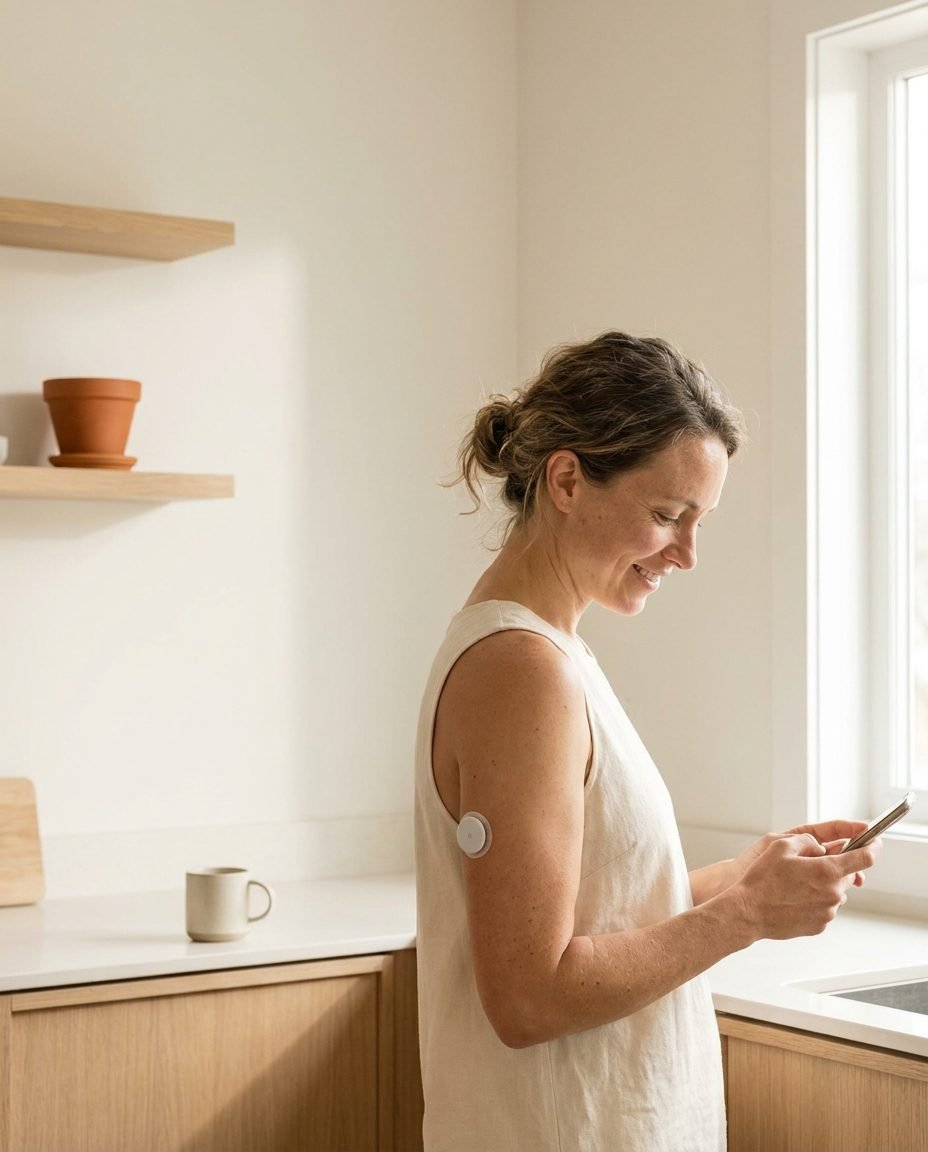 A woman checks her phone in a bright kitchen, wearing a small circular glucose biosensor on the back of her upper arm