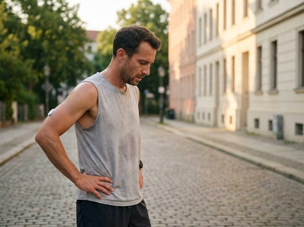 A man pauses after a morning run, wearing a small circular biosensor on the back of his upper arm